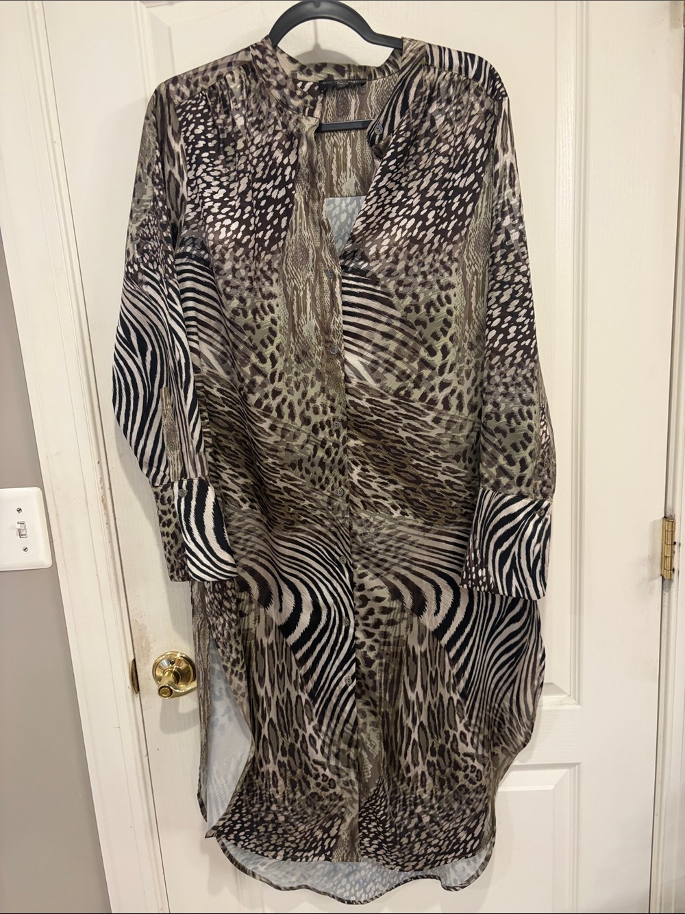 Adrienne Landau Olive and Taupe Animal-Print Blouse